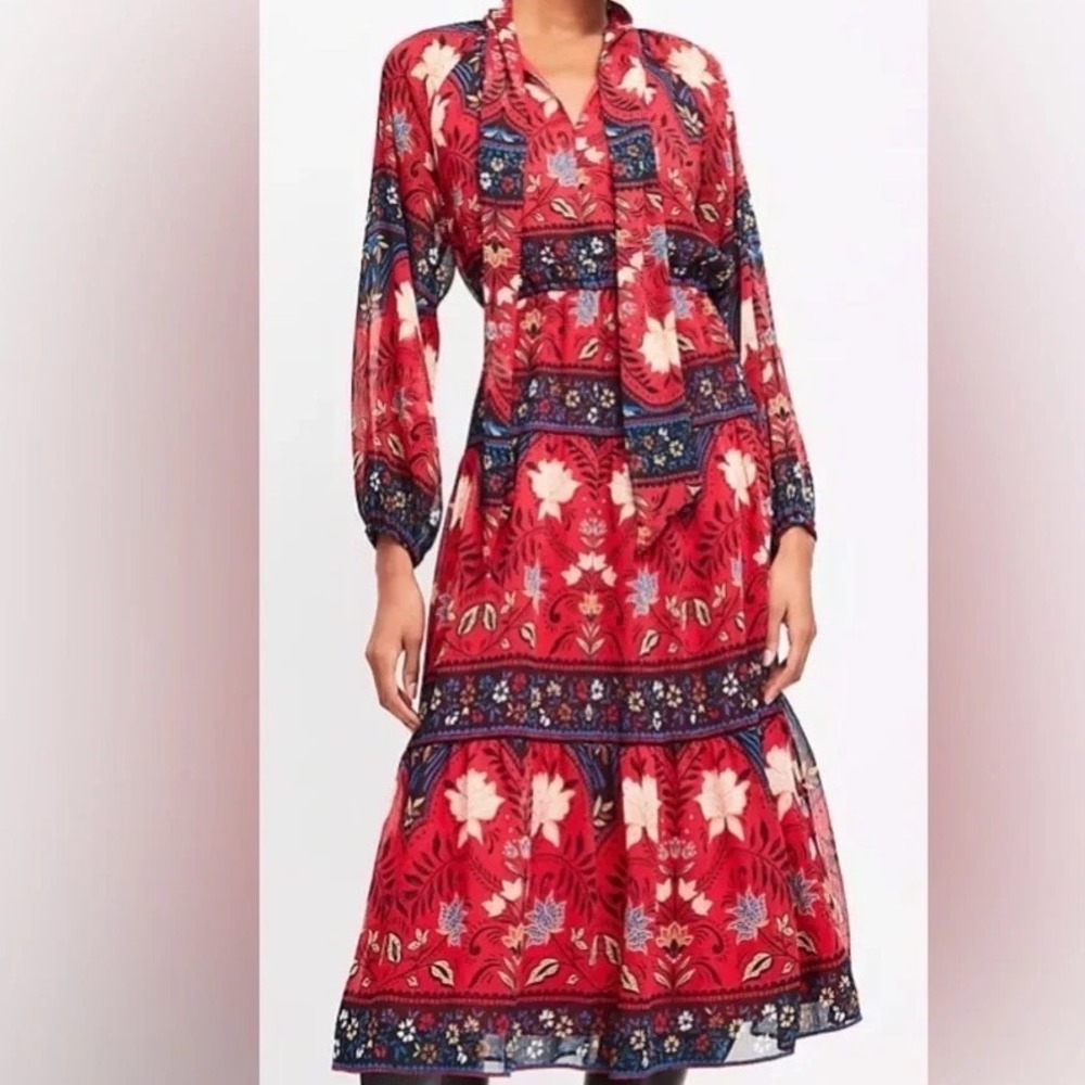 LOFT Floral Paisley Midi Dress Womens LP Red Tie Neck Boho Petite Career